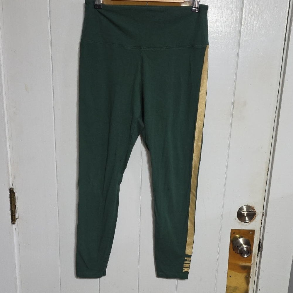PINK Victoria's Secret Womens Yoga Pants Green/Gold Athleisure Comfort Sz XL EUC